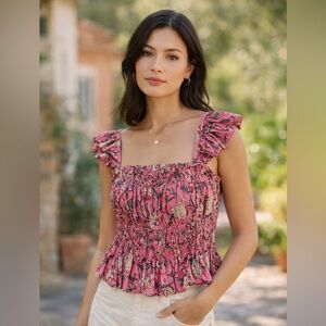 Charina Sarte Pink Floral Smocked Crop Top Square Neck Boho Medium